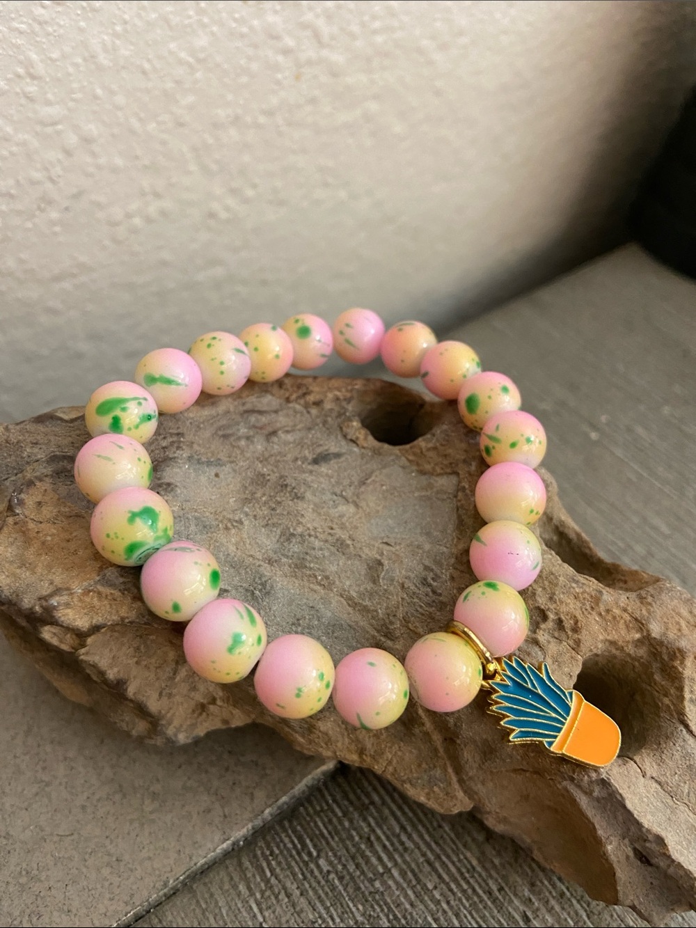 NEW Handmade Glass Beaded Cactus Charm Stretch Bracelet